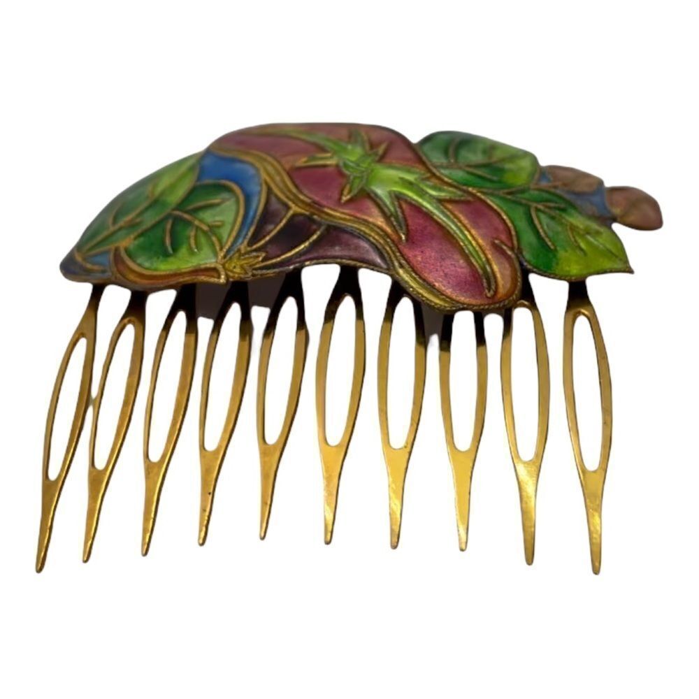 Vintage Cloisonné Enamel Floral Hair Comb 80s - Picture 9 of 14